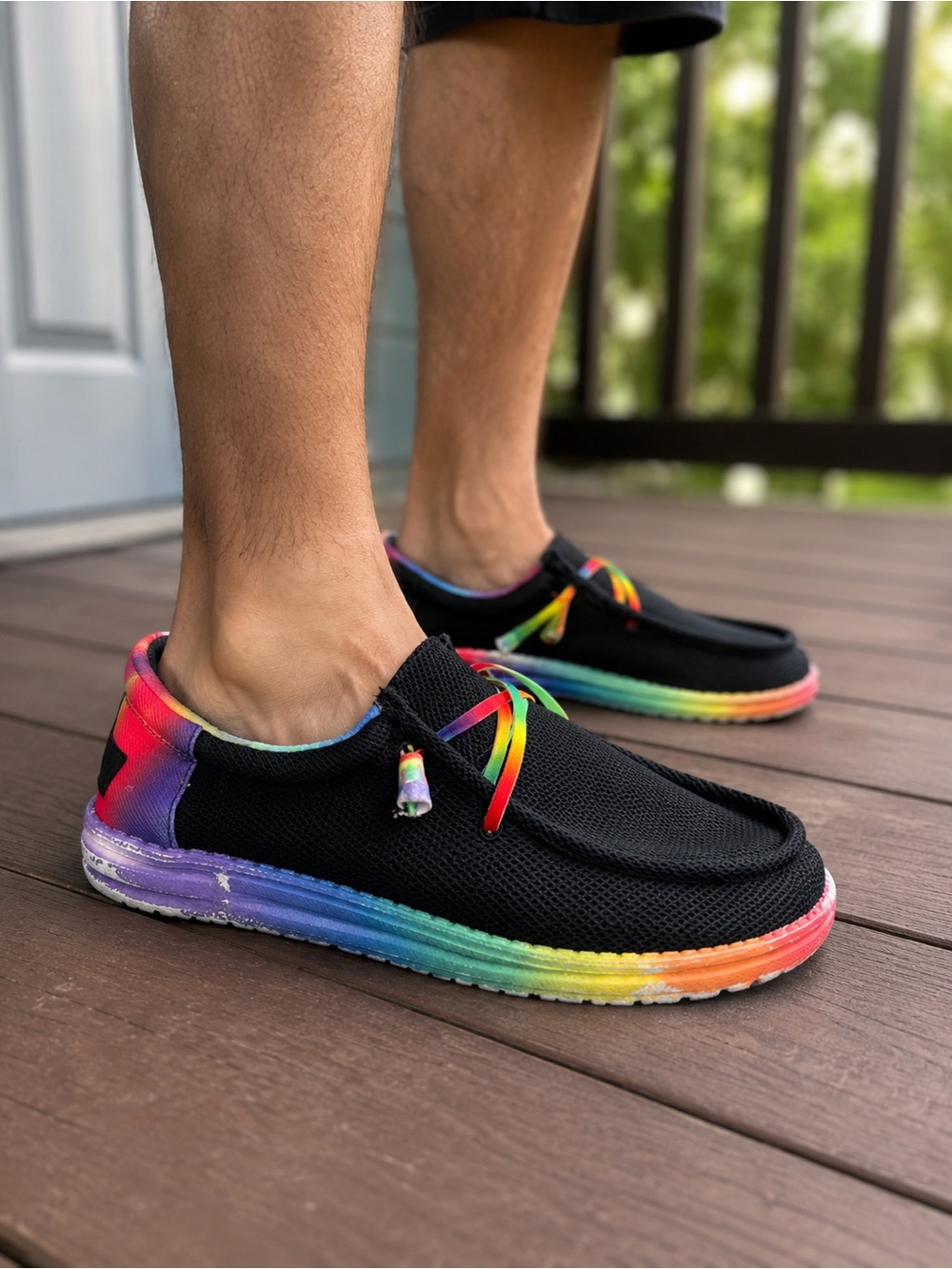 Hey Dude Black Slip-On Loafers with Rainbow Sole and Accents Sz 12